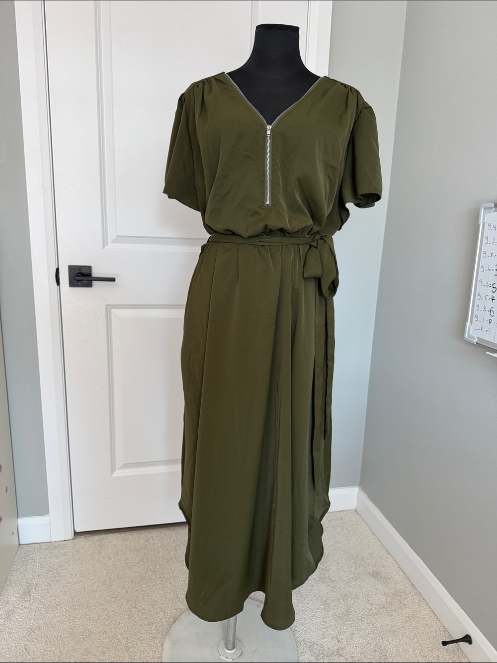 BloomChic Olive Zip-Front Belted Maxi Dress